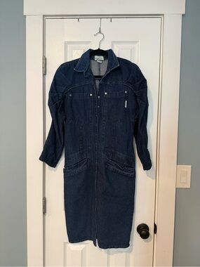 Vintage- Dark Indigo Denim Button-Front Midi Dress